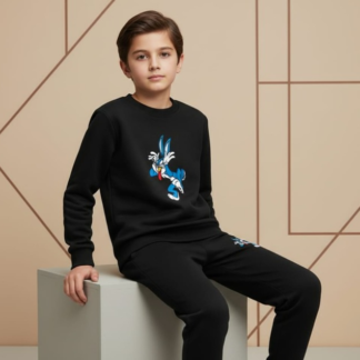 Black Bunny Printed Kids Tracksuit | Winter Fleece Sweatshirt & Trouser Set for Boys & Girls ? Warm & Comfy Outfit FOR BABY AND KIDS