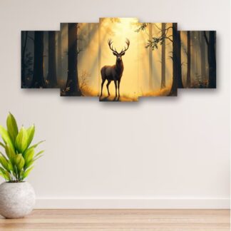 5-Piece Wooden Wall Frame ? Deer in Forest Sunset Design | 16x40 Inch with Sticky Tiles