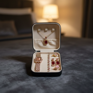 Elegant 6-Piece Rose Gold & Ruby Red Jewelry Gift Set ? Includes Crystal-Encrusted Watch, Pendant Necklace, Matching Earrings, Tennis Bracelet, and Dual Statement Rings with Luxury Travel Case