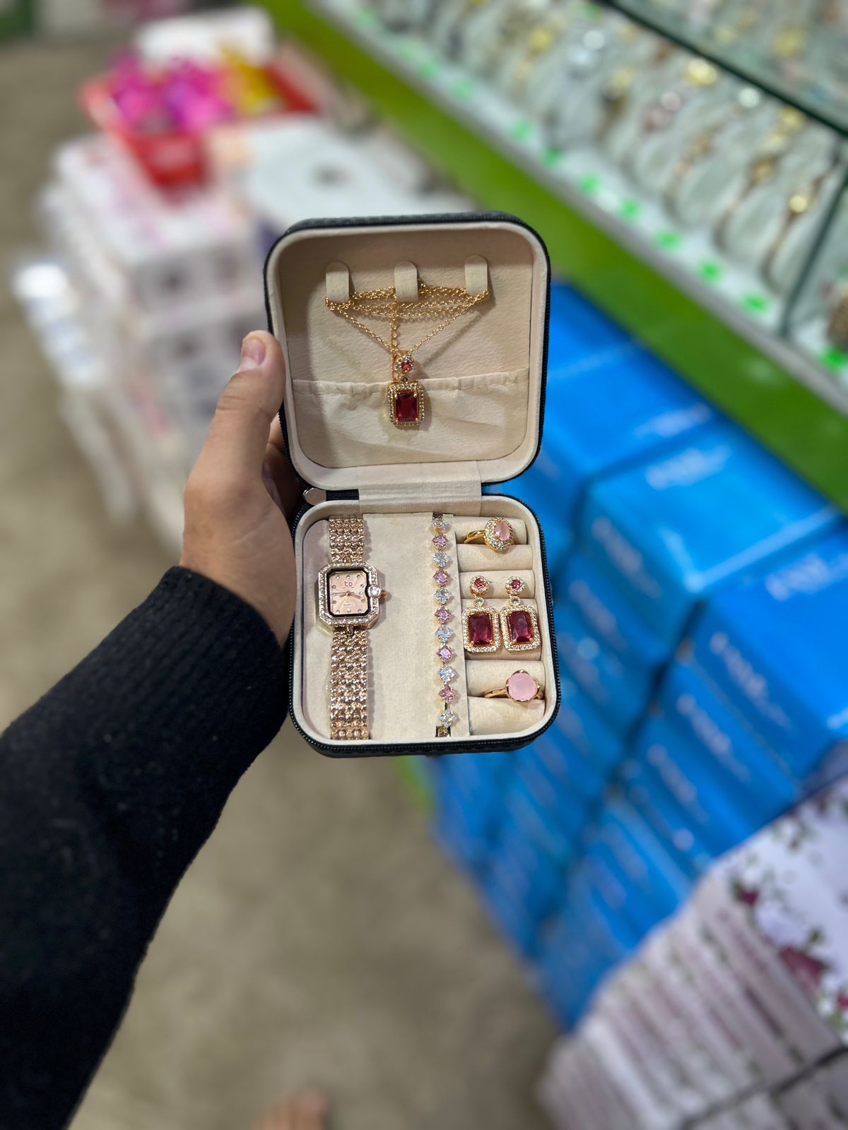 Elegant 6-Piece Rose Gold & Ruby Red Jewelry Gift Set ? Includes Crystal-Encrusted Watch, Pendant Necklace, Matching Earrings, Tennis Bracelet, and Dual Statement Rings with Luxury Travel Case - Image 4