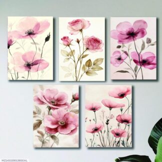Set of 5 Floral Wooden Wall Frames ? 8x11 Inch Decorative Art Panels with Double Tape