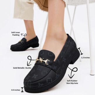 Women?s Classic Loafers with Gold Metallic Buckle ? Soft Inner Padding, Non-Slip Rubber Sole -Black