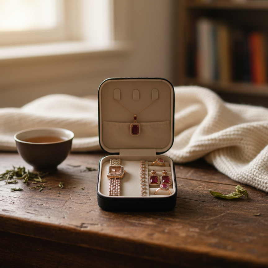 Elegant 6-Piece Rose Gold & Ruby Red Jewelry Gift Set ? Includes Crystal-Encrusted Watch, Pendant Necklace, Matching Earrings, Tennis Bracelet, and Dual Statement Rings with Luxury Travel Case - Image 3