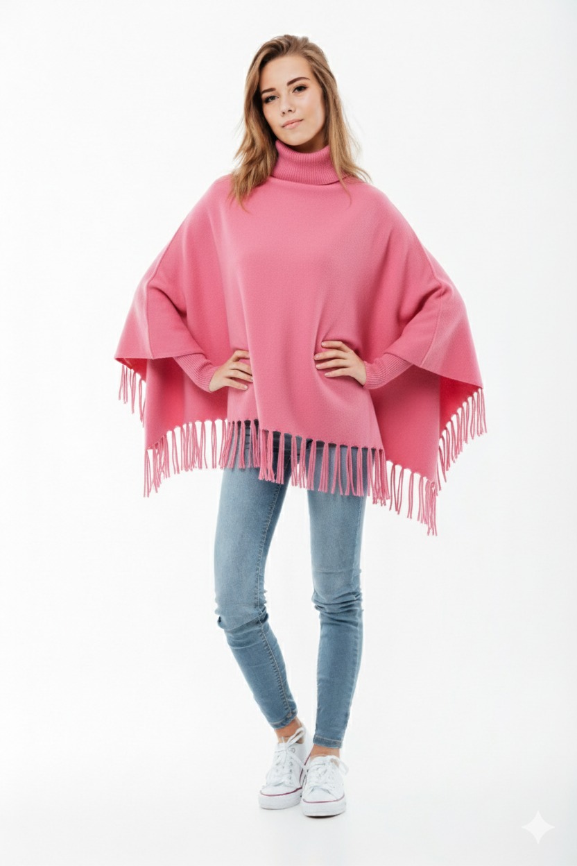 Winter Fleece Poncho with High Neck, Tassel Design & Adjustable Short Sleeves ? For Girls/Princess Free Sizes - Image 3
