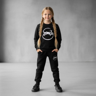 Kids SMILE Printed Stylish Black & Black Tracksuit Set | Winter Fleece Sweatshirt & Trouser Outfit for Boys & Girls ? Warm & Trendy FOR BABY AND KIDS