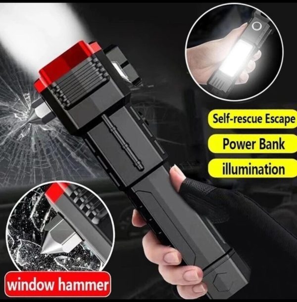 High Power LED Torch Light Rechargeable Flashlight ? Multi Functional Emergency Tool With Power Bank, Window Hammer, And Bright Illumination