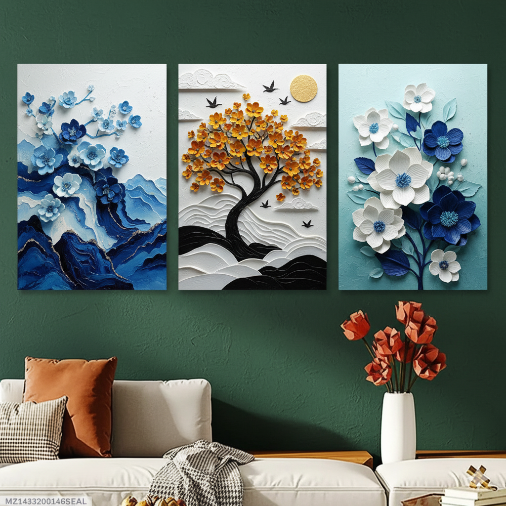 3-piece wooden wall art set featuring vibrant floral and tree motifs. Perfect for modern home decor. Comes in two sizes with easy-to-use wall tape. - Image 2