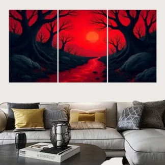 Set of 3 Surreal Red Landscape Wall Art Frames ? 8x11" MDF Wood with Adhesive Backing