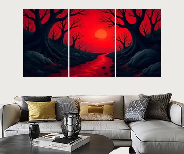 Set of 3 Surreal Red Landscape Wall Art Frames ? 8x11" MDF Wood with Adhesive Backing