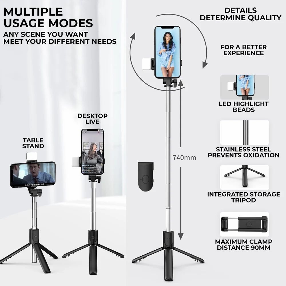 R1s Bluetooth Selfie Stick Tripod | With Remote & LED Light | Portable Phone Holder - Image 2