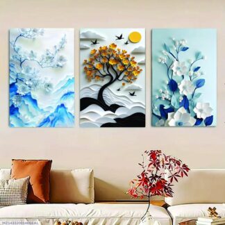 3-piece wooden wall art set featuring vibrant floral and tree motifs. Perfect for modern home decor. Comes in two sizes with easy-to-use wall tape.