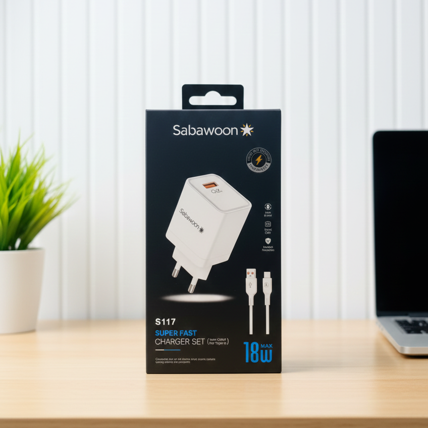 Sabawoon S117 Charger | 18W Fast Charging | 100% Original Quality | Adaptor with Type?C Cable