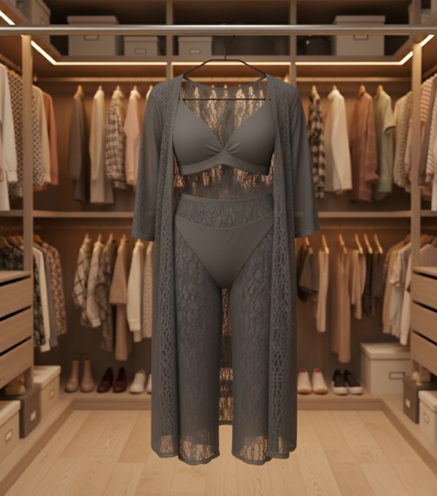 Luxurious Net Transparent Lace 4-Piece Nightwear Set ? Stylish Free-Size Lounge And Sleepwear Including Gown, Bra, Panty, And Trouser - Image 3