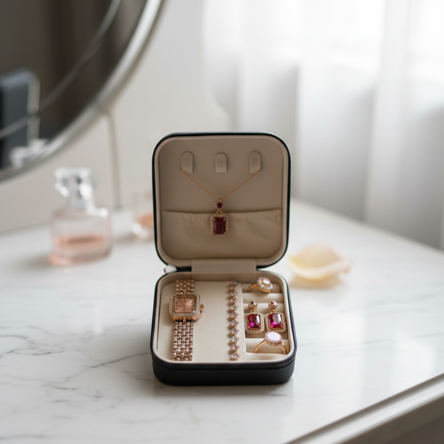 Elegant 6-Piece Rose Gold & Ruby Red Jewelry Gift Set ? Includes Crystal-Encrusted Watch, Pendant Necklace, Matching Earrings, Tennis Bracelet, and Dual Statement Rings with Luxury Travel Case - Image 2