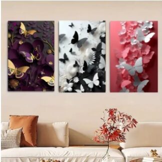 Set Of 3 Butterfly Art Wooden Frames For Wall Decoration / Sticky Photo Tile