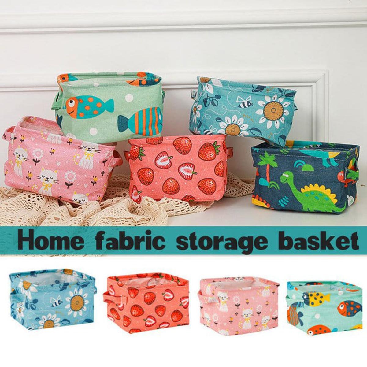 Foldable Desktop Storage Basket | Waterproof Cotton Linen Organizer | Mini Square with Handles (Random Colour And Design) - Image 2