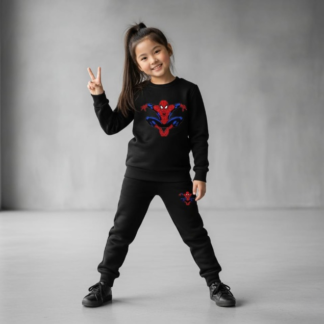 Kids Spider-Man Printed Black & Black Tracksuit Set | Winter Fleece Sweatshirt & Trouser Outfit for Boys & Girls ? Warm & Trendy FOR BABY AND KIDS