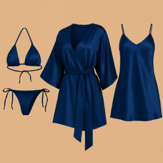 4 PCs-Style Satin Lingerie Set ? Bikini, Slip Dress & Robe Combo ? Free Size (DC-4001)