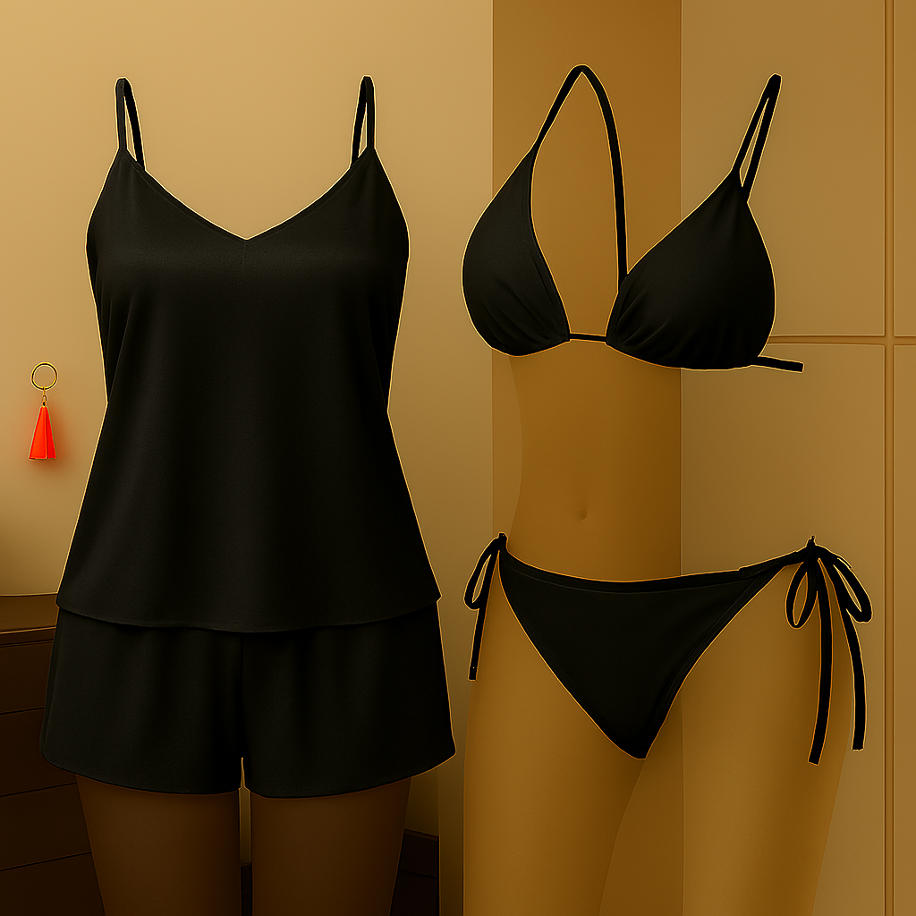 Premium Satin Sleepwear & Lingerie Combo for Women | Camisole, Shorts & Halter Bikini | Free Size | (DC-4002) - Image 2