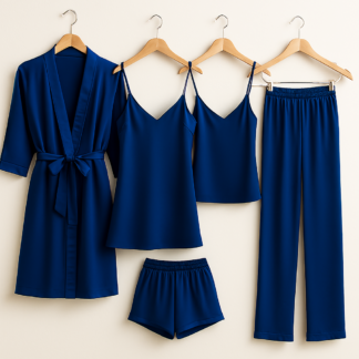 5-Piece Satin Sleepwear Set ? Robe, Camisole, Shorts, Pants & Slip Dress Free Size (DC-5003)
