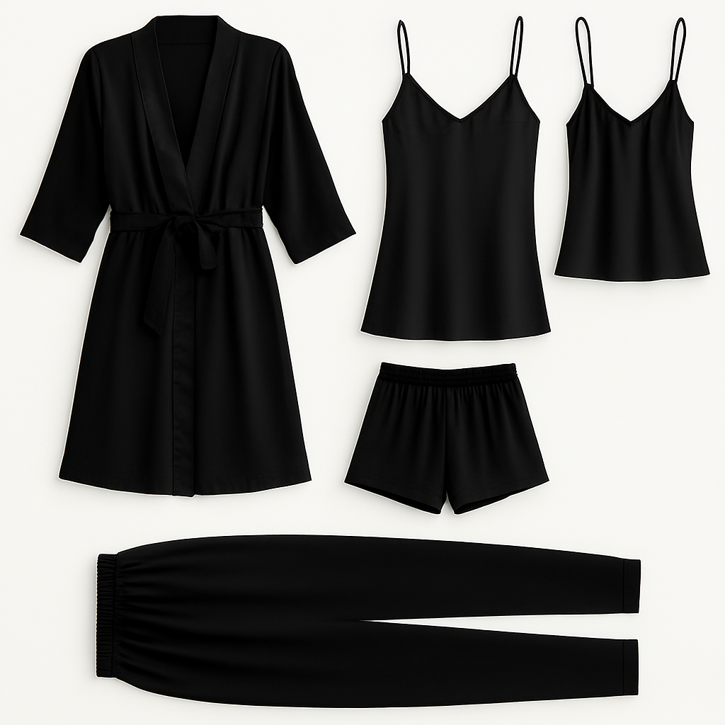 5-Piece Satin Sleepwear Set ? Robe, Camisole, Shorts, Pants & Slip Dress Free Size (DC-5003) - Image 3