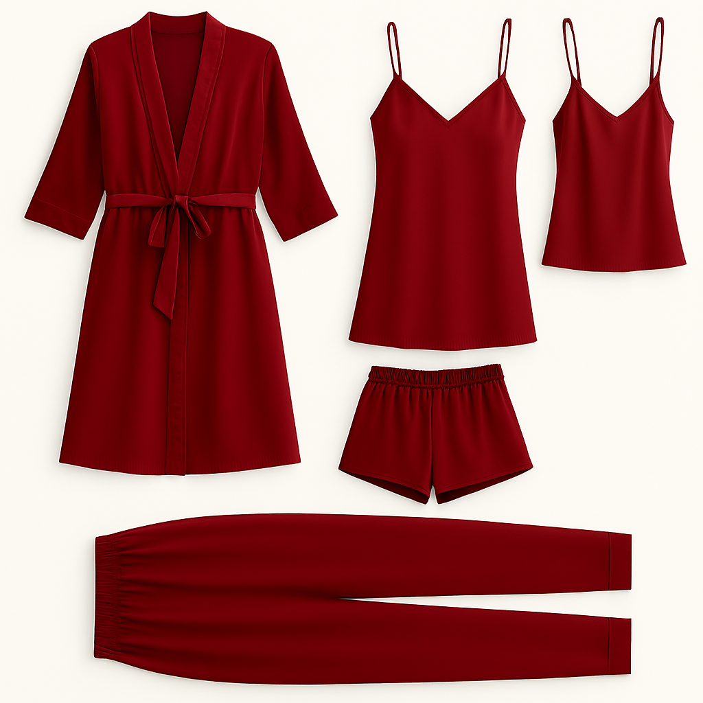 5-Piece Satin Sleepwear Set ? Robe, Camisole, Shorts, Pants & Slip Dress Free Size (DC-5003) - Image 2