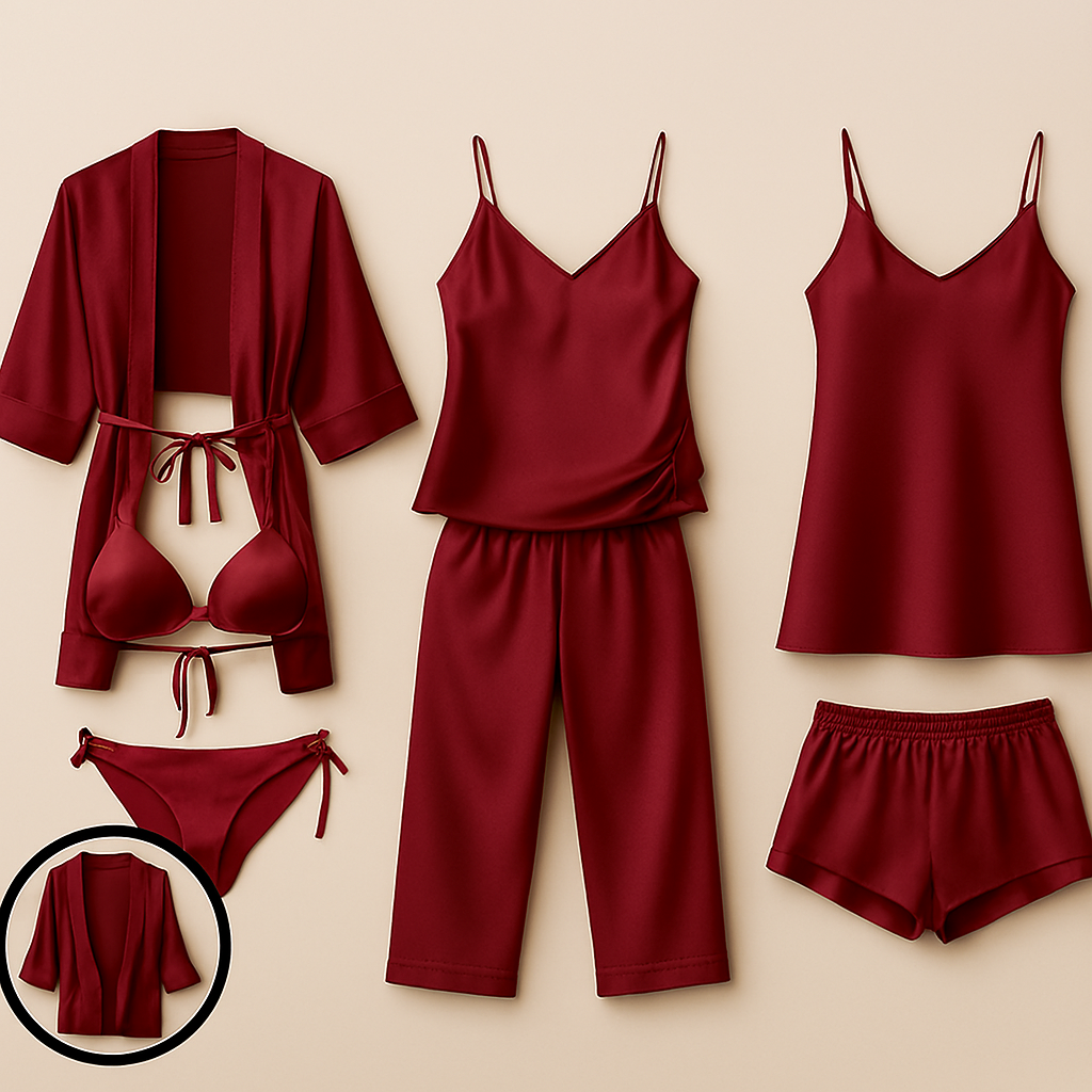 7-Piece Satin Sleepwear & Lingerie Set for Women ? Luxury Nightwear Collection with Robe, Slip Dress, Free Size (DC-7001) - Image 2