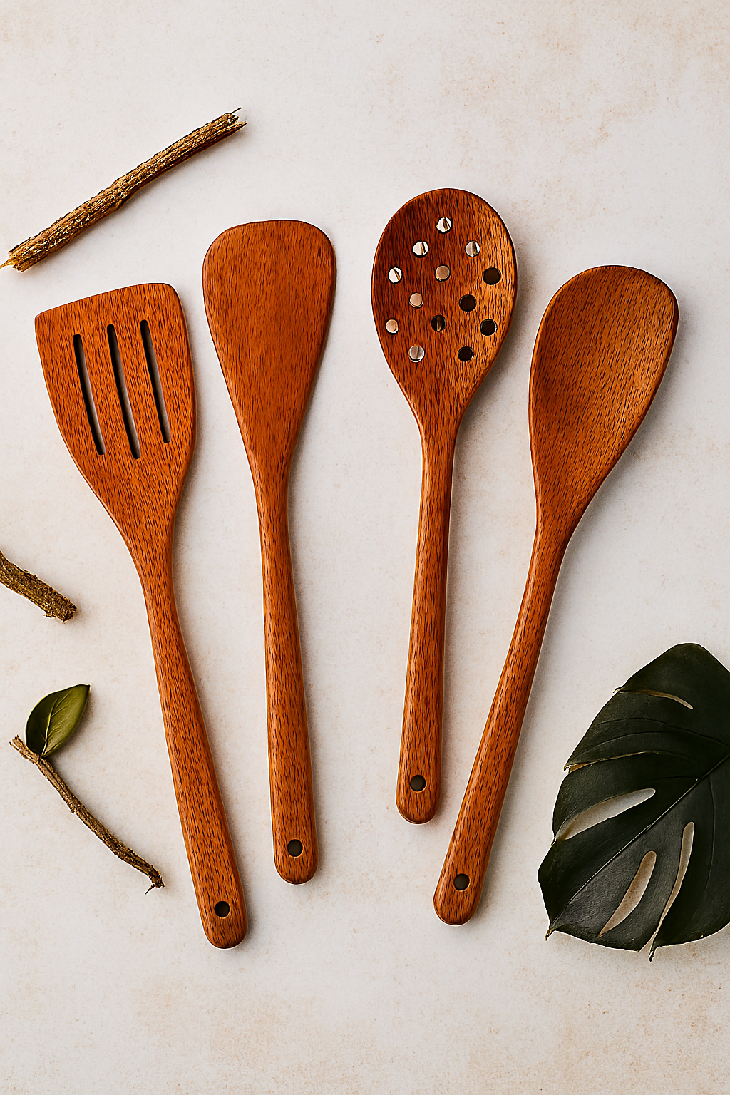 Pack Of 4 - Wooden Spoon Set - Light Brown Kitchen Tools & Gadgets | Kitchen Essentials for Daily Meal Preparation, Suitable for All Types of Cooks from Beginners to Experts.