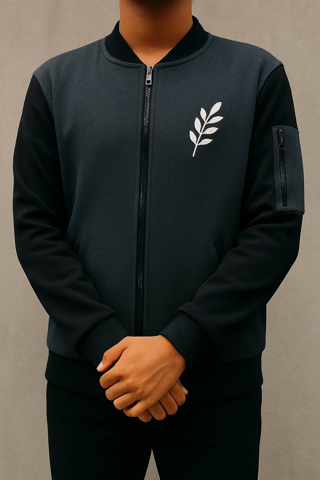 New Winter Collection Charcoal Grey Leaf Printed Zipper Jacket for Men & Boys ? Warm & Stylish Fleece Outerwear