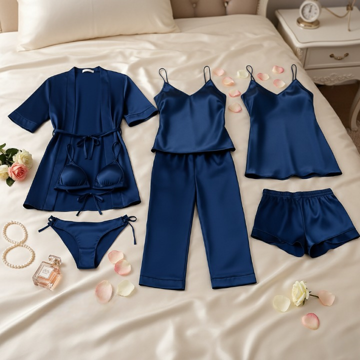 7-Piece Satin Sleepwear & Lingerie Set for Women ? Luxury Nightwear Collection with Robe, Slip Dress, Free Size (DC-7001) - Image 4