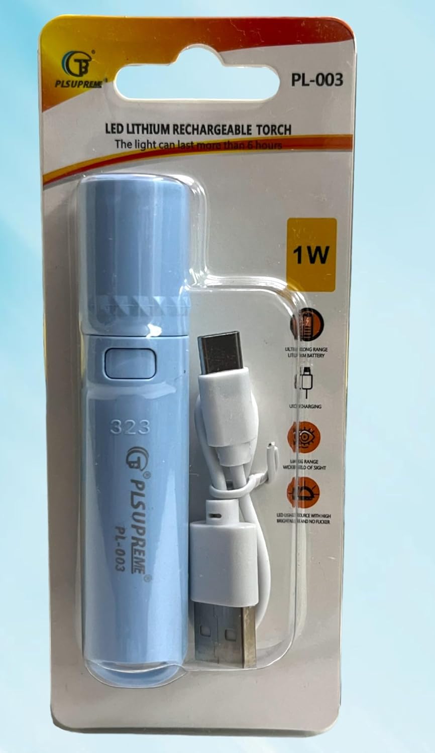 Pl 003 Long Range LED Rechargeable Torch Light ? 1000 Lumens, 3 Modes, 500m Beam Distance, 1400mAh Battery with USB Cable, Durable Outdoor Flashlight - Image 3