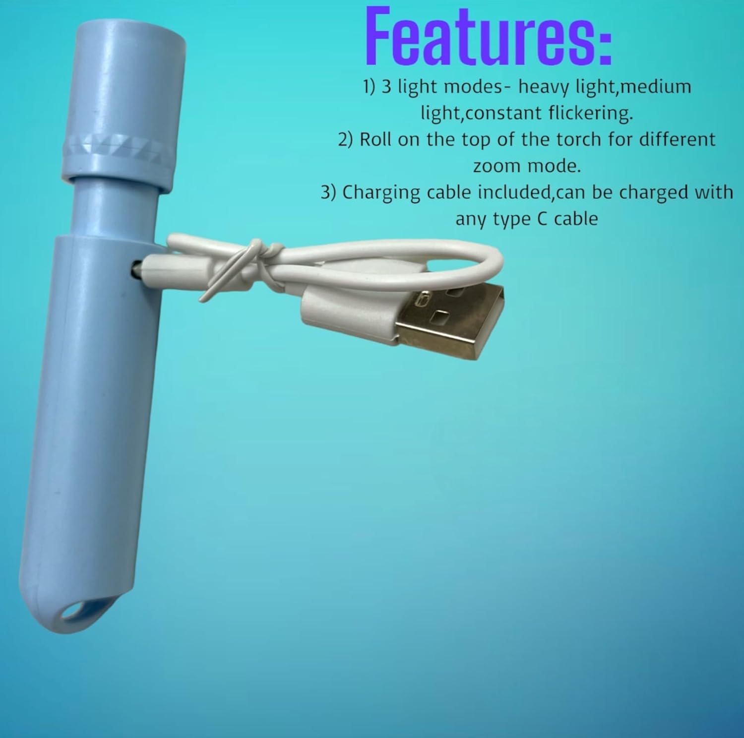 Pl 003 Long Range LED Rechargeable Torch Light ? 1000 Lumens, 3 Modes, 500m Beam Distance, 1400mAh Battery with USB Cable, Durable Outdoor Flashlight - Image 2