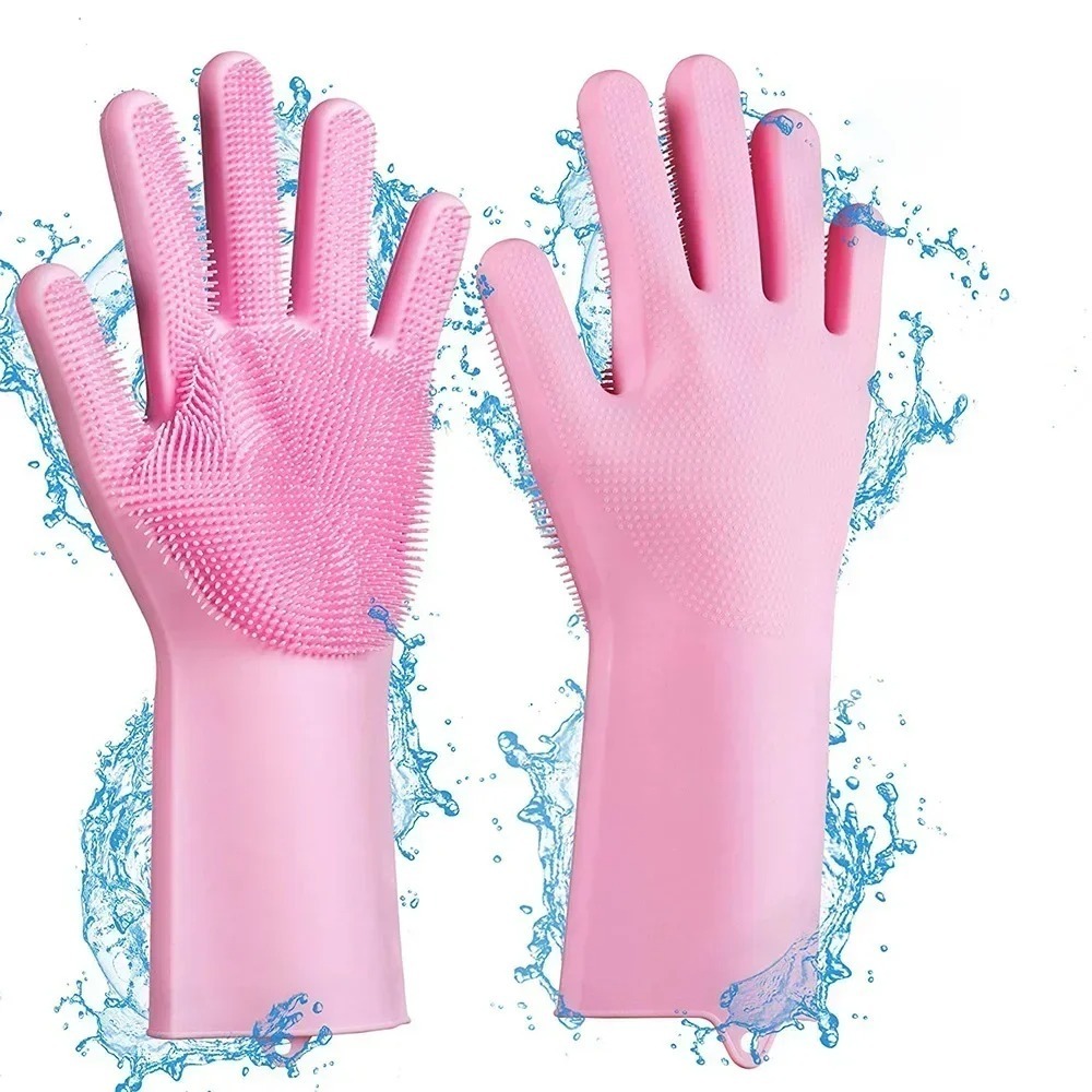 Magic Silicone Dish Washing Gloves | Reusable Heat-Resistant Rubber Cleaning Gloves with Built-In Scrubber for Kitchen, Dishes, Car, Bathroom & Household Use (1 Pair)