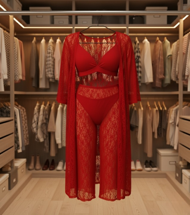 Luxurious Net Transparent Lace 4-Piece Nightwear Set ? Stylish Free-Size Lounge And Sleepwear Including Gown, Bra, Panty, And Trouser - Image 2