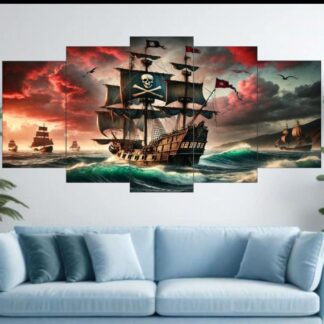 Pirate Ship Ocean Voyage Wall Art ? 5-Piece Canvas Set (16x40 inches) | Wooden Sticky Tile Frames with Double Tape