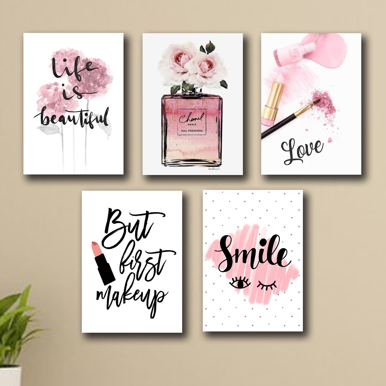 Set of 5 Makeup-Themed Wall Art Frames ? 8x11" MDF with Sticky Backing