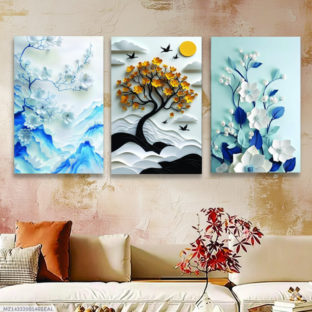3-piece wooden wall art set featuring vibrant floral and tree motifs. Perfect for modern home decor. Comes in two sizes with easy-to-use wall tape. - Image 3