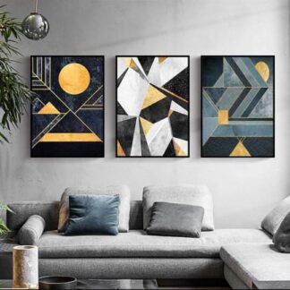 Modern Abstract Wall Art Set ? 3 Wooden Frames (8x11?) with Geometric Gold & Black Designs | Easy Wall Mounting with Double Tape