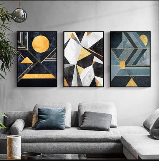 Modern Abstract Wall Art Set ? 3 Wooden Frames (8x11?) with Geometric Gold & Black Designs | Easy Wall Mounting with Double Tape