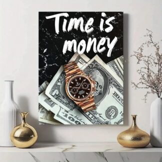 Time is Money Wall Art Frame ? Inch Wooden Sticky Tile with Watch & Dollar Design, Self-Adhesive Home Decor