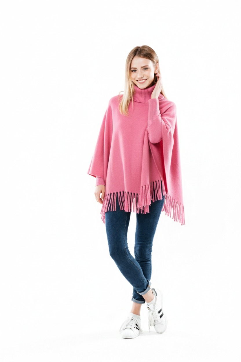 Winter Fleece Poncho with High Neck, Tassel Design & Adjustable Short Sleeves ? For Girls/Princess Free Sizes - Image 2