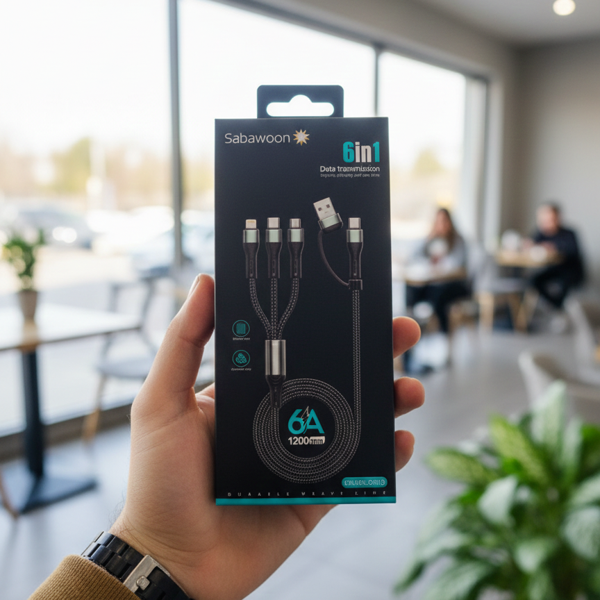 Sabawoon S115 6?in?1 Cable | New Model & Design | 100% Original Quality | Multi?Device Fast Charging