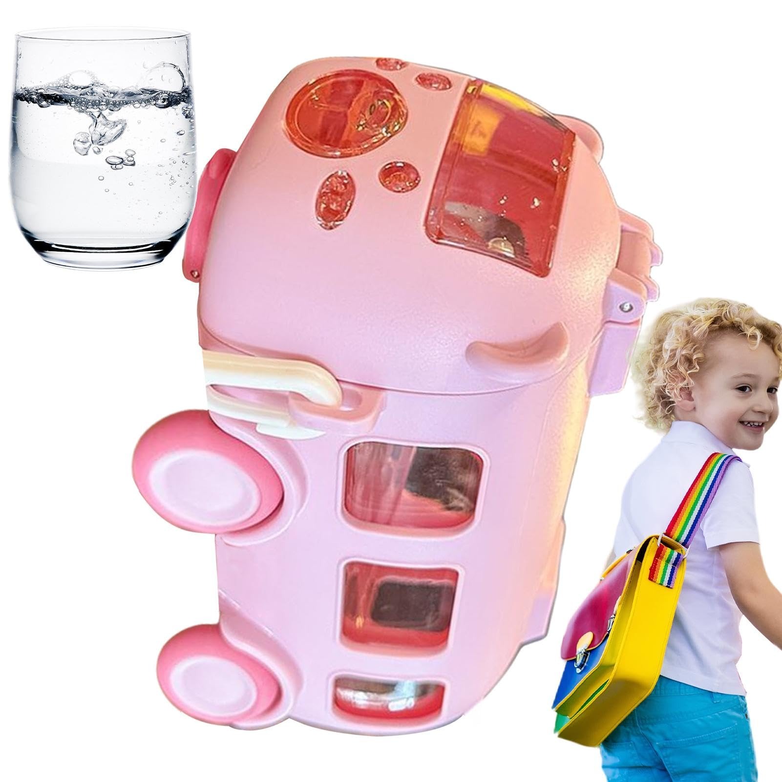 Imported 600ml Bus Water Bottle | Kids Cute Bus Shape | Strap, Sipper & Straw | Leakproof BPA Free (Random Colour) - Image 3