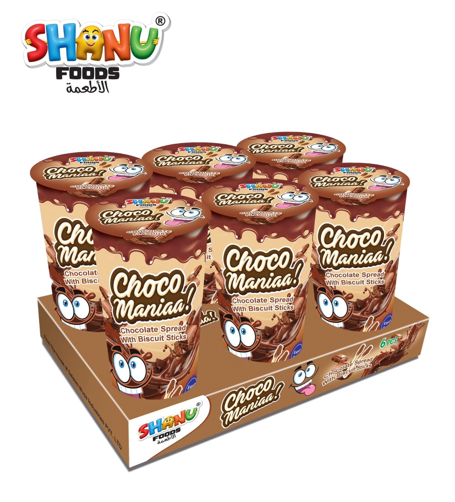 Shanu Foods Choco Maniaa | Chocolate Spread with Biscuit Sticks | 6 Cups | 7 Sticks in 1 Cup