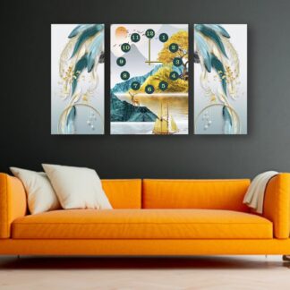 Golden Horizon 3-Piece Wooden Wall Clock Set ? Scenic Centerpiece with Abstract Feather Panels Without Cell/Battery.