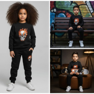 Black Printed Kids Tracksuit | Winter Fleece Sweatshirt & Trouser Set ? Warm, Soft & Stylish Winter Garments for Boys & Girls FOR BABY AND KIDs