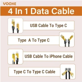 4 in 1 Data Cable Pack of 2 ? USB-C & Lightning Connectors, Braided Durable Design, Fast Charging & Data Transfer, Black with Yellow Connectors