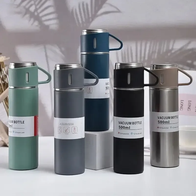 500ml Stainless Steel Vacuum Flask Water Bottle with 2 Extra Cups (160ml) ? Thermal Bottle for Hot & Cold Drinks ? 3-Piece Travel Thermos Set - Image 3