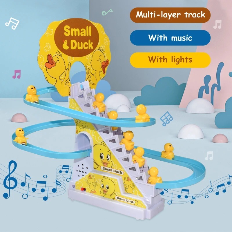Duck Slide Toy Set, Funny Automatic Stair-Climbing Ducklings Cartoon Race Track Set Little Lovely Duck Slide Toy Escalator Toy with Lights and Music (3 sliding ducks) - Image 3