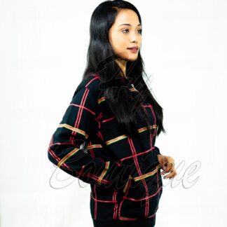 Winter Collection Women’s Red & Green Lining Print Jacket | Stylish & Warm Outerwear | Trendy Winter Fashion for Ladies